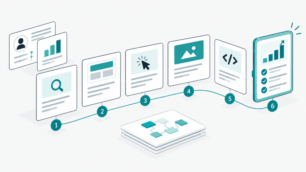 Illustration of a design process in six connected stages: research, structure, interaction, visual design, development, and measurable results.