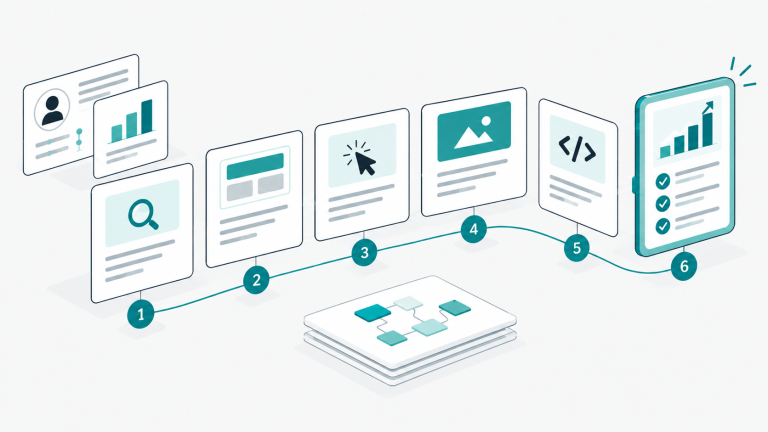 Illustration of a design process in six connected stages: research, structure, interaction, visual design, development, and measurable results.