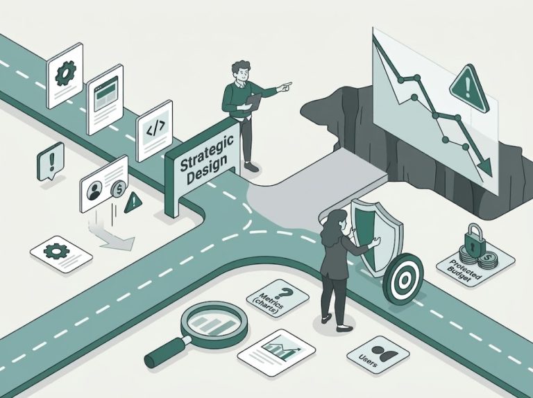 Isometric illustration: at a junction marked strategic design, the path steers away from a cliff with a falling chart toward a protected budget.