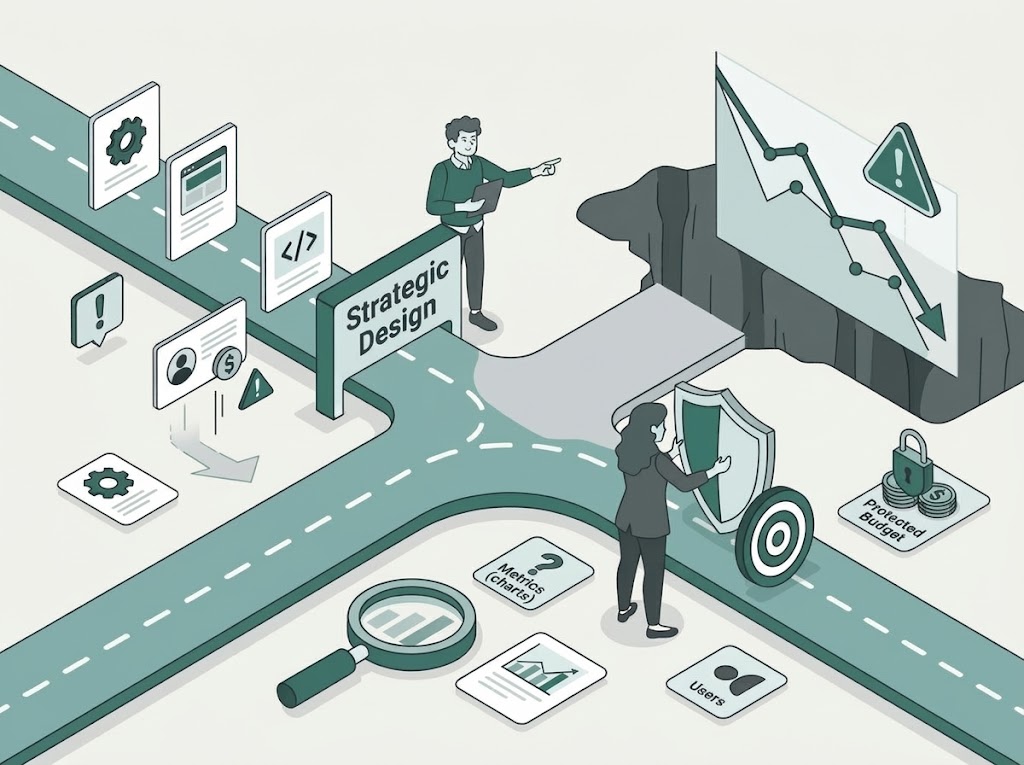 Isometric illustration: at a junction marked strategic design, the path steers away from a cliff with a falling chart toward a protected budget.